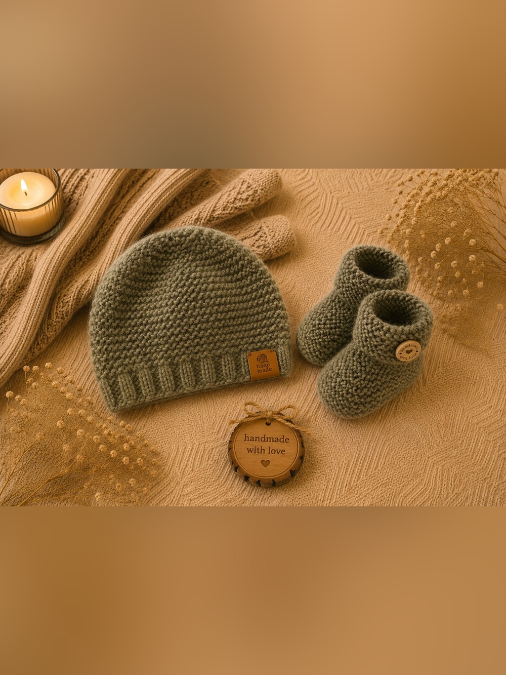 Handmade Kids Knit Beanie and Booties Set - Olive Green